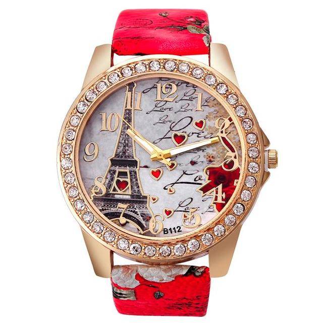 Dámské náramkové hodinky s Eiffelovkou - červená