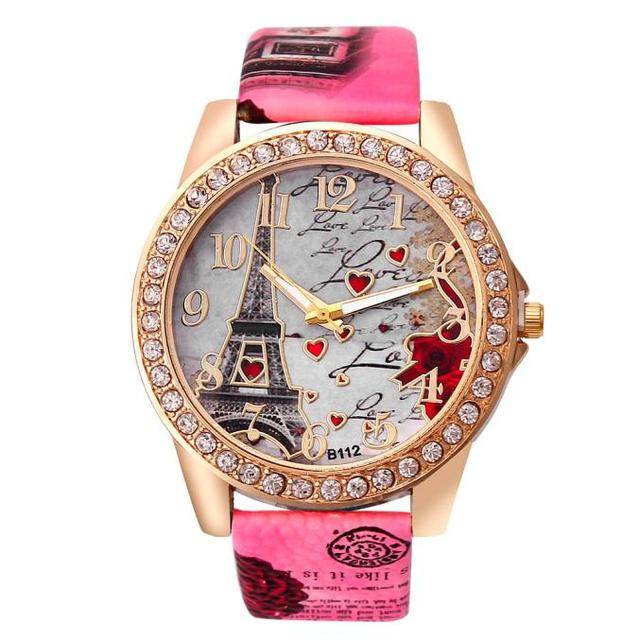 Dámské náramkové hodinky s Eiffelovkou - Růžová