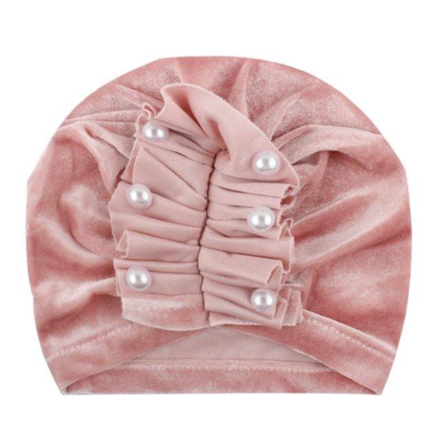 Semišová čepička pro miminka | dětská čepice, imitace perel - Růžová
