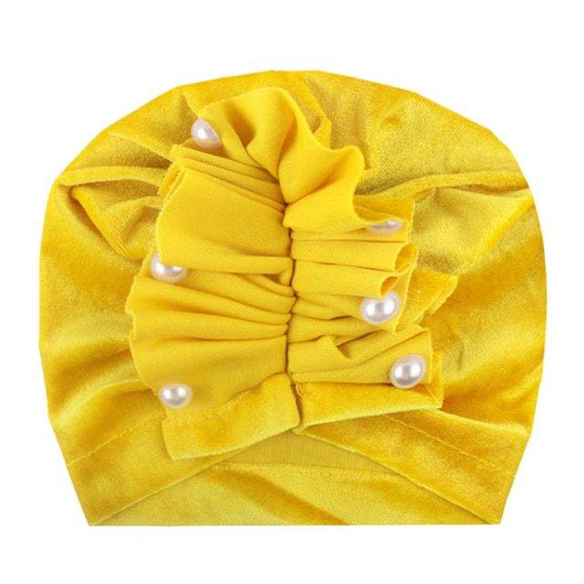 Semišová čepička pro miminka | dětská čepice, imitace perel - Žlutá