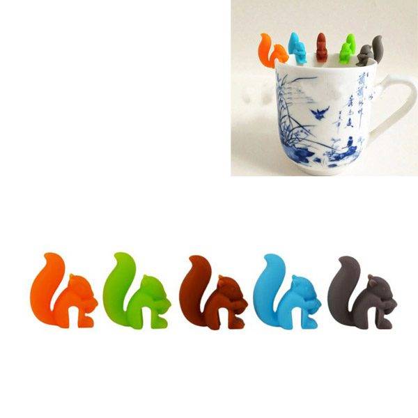 Držák na čajový sáček / rozlišovač na sklenice, styl veverka, 2v1 – náhodná barva, 5 ks