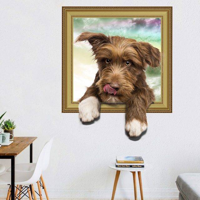 3D nálepka na zeď | dekorace na zeď, štěně - 37 x 47 cm - oblizující se pes v rámečku