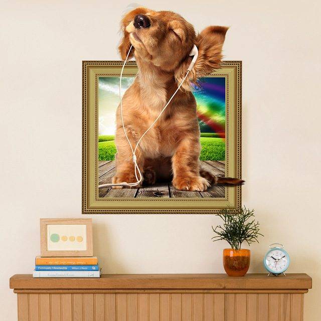 3D nálepka na zeď | dekorace na zeď, štěně - 37 x 47 cm - pes se sluchátky v rámečku