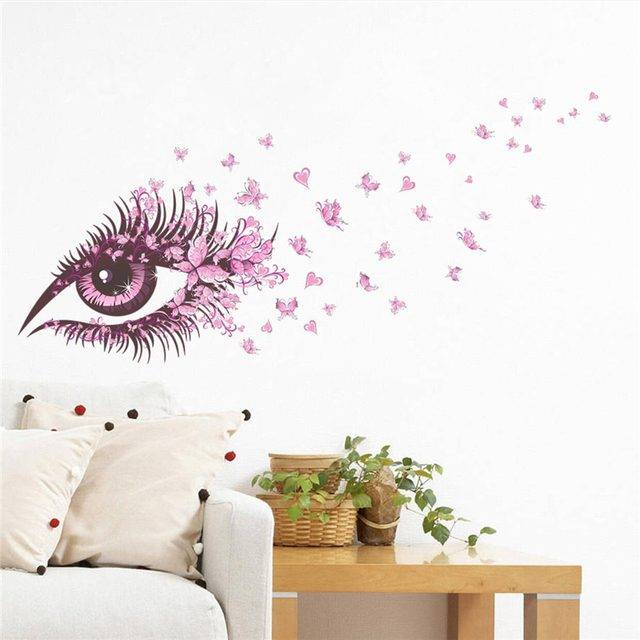 Barevná samolepka na stěnu | nálepka na zeď - Oko s motýli a srdci