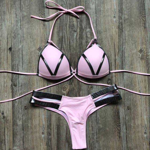 Dámské sexy plavky s pásky - Růžová, XL