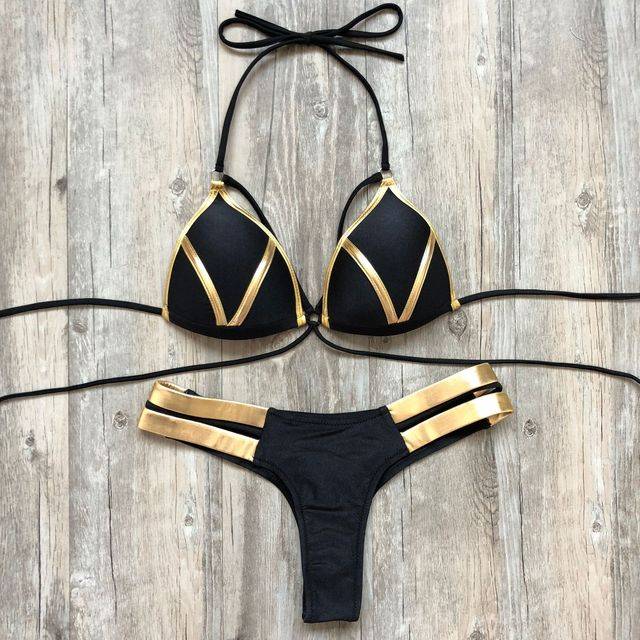 Dámské sexy plavky s pásky - B Černá, XL