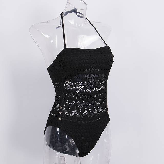 Sexy jednodílné plavky s černou krajkou - Černá, XL