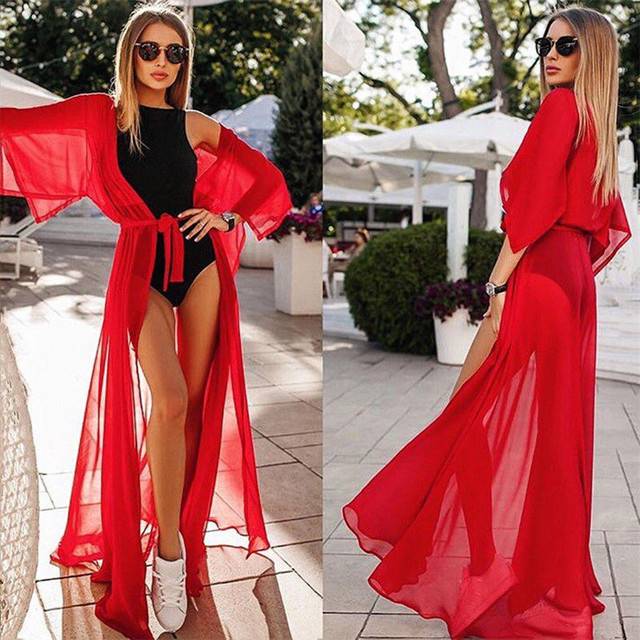 Letní červené průhledné plážové šaty - Červená, Hruď: 104cm ; Délka: 138cm