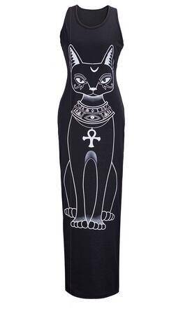 Dámské dlouhé šaty | maxi šaty s kočkou - Černé, XL
