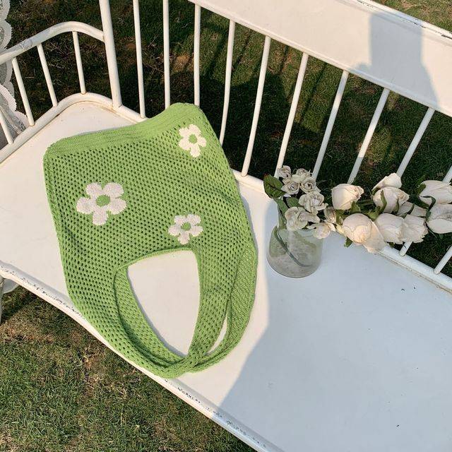 Květinová pletená prostorná nákupní taška - Zelená