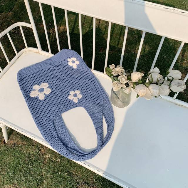 Květinová pletená prostorná nákupní taška - Modrý