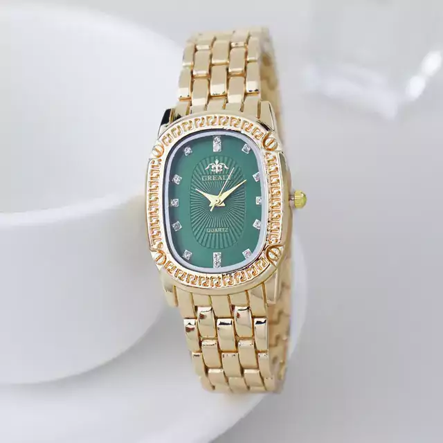 Módní dámské náramkové hodinky s kovovým páskem - Zlato zelená