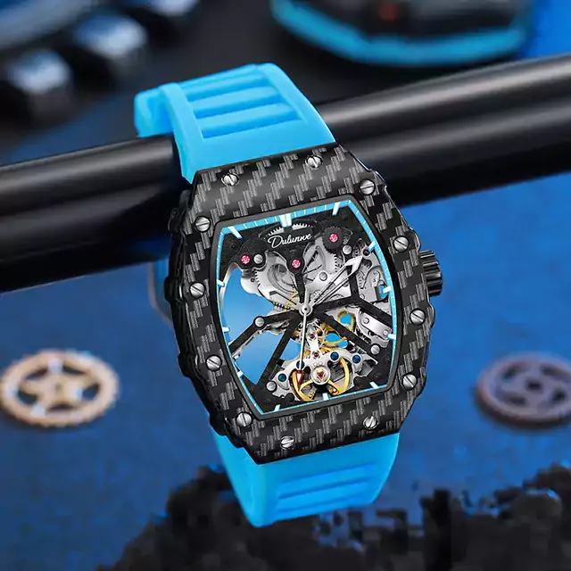 Luxusní průhledné pánské hodinky - kostra modrá černá