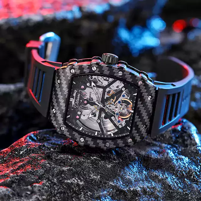 Luxusní průhledné pánské hodinky - kostra černá