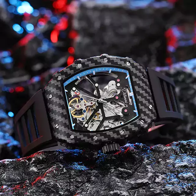 Luxusní průhledné pánské hodinky - kostra černá modrá