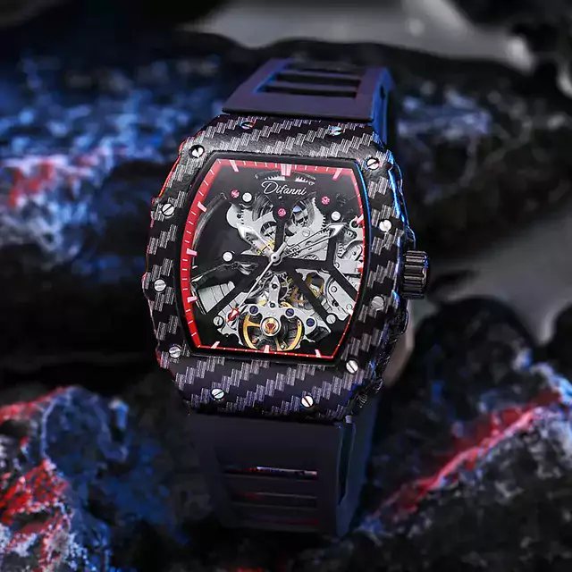 Luxusní průhledné pánské hodinky - kostra černá červená