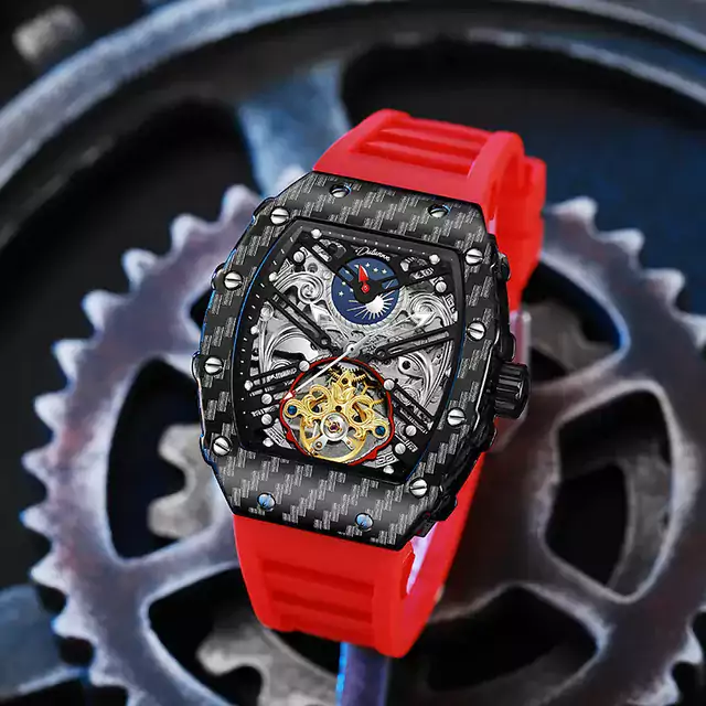 Luxusní průhledné pánské hodinky - červená černá