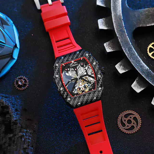 Luxusní průhledné pánské hodinky - kostra červená černá