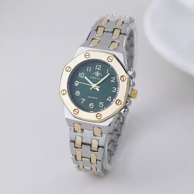 Luxusní dámské hodinky s ocelovým páskem - Polozlato zelená