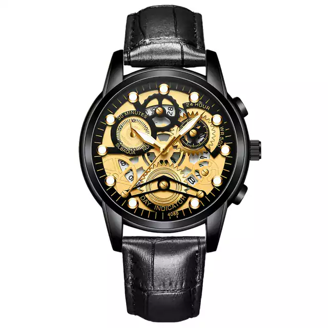 Luxusní pánské hodinky s nerezovým páskem - Kůže černé zlato