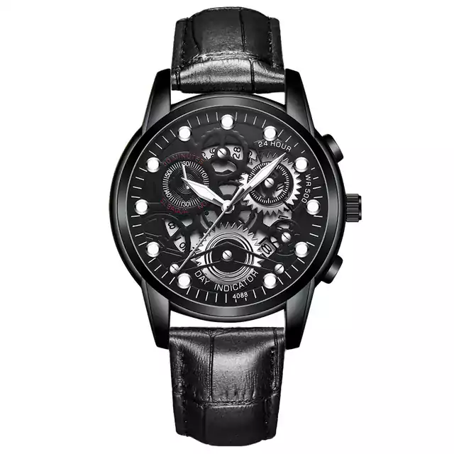 Luxusní pánské hodinky s nerezovým páskem - Kůže Černá