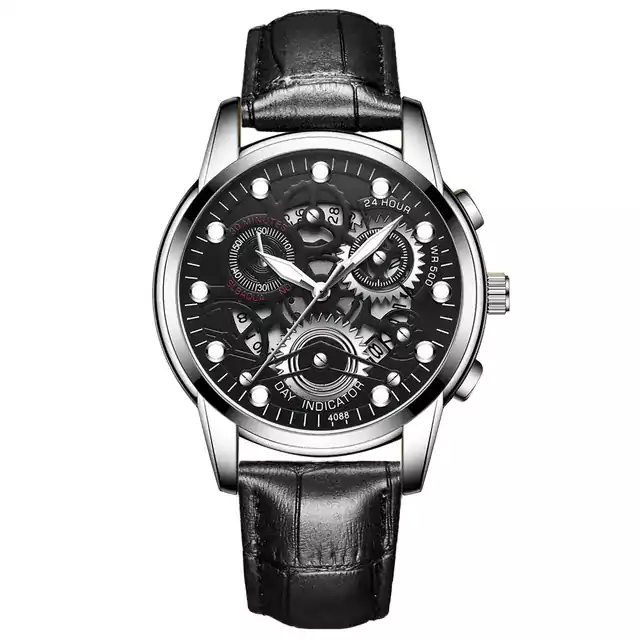 Luxusní pánské hodinky s nerezovým páskem - Kůže Stříbrná Černá