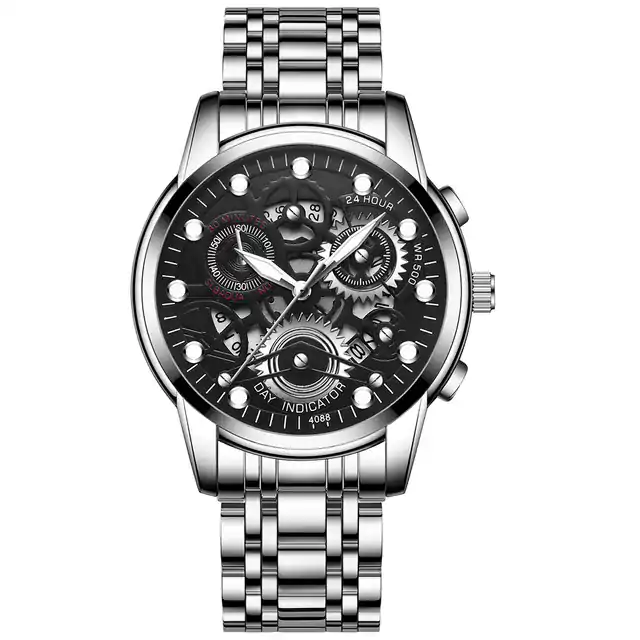 Luxusní pánské hodinky s nerezovým páskem - Stříbrná černá