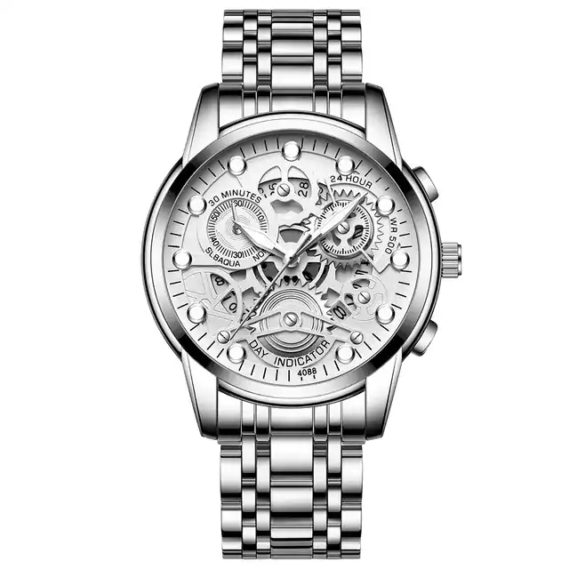 Luxusní pánské hodinky s nerezovým páskem - stříbrná bílá
