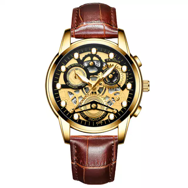 Luxusní pánské hodinky s nerezovým páskem - Kůže zlato černá