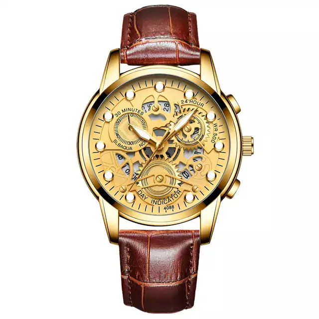 Luxusní pánské hodinky s nerezovým páskem - Kůže Zlatá