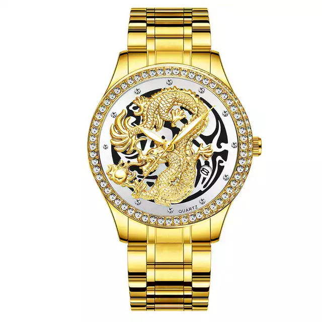 Luxusní pánské hodinky s čínským drakem - Zlato bílá