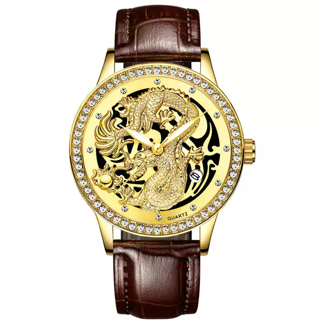 Luxusní pánské hodinky s čínským drakem - Kůže Zlatá