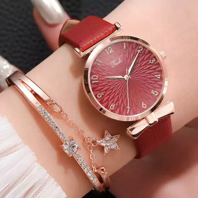 Módní dámské hodinky s náramkem - Kožená červená sada