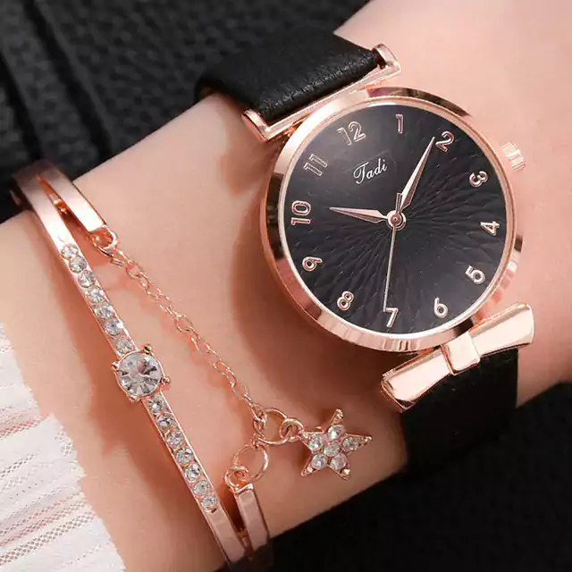 Módní dámské hodinky s náramkem - Kožená černá sada