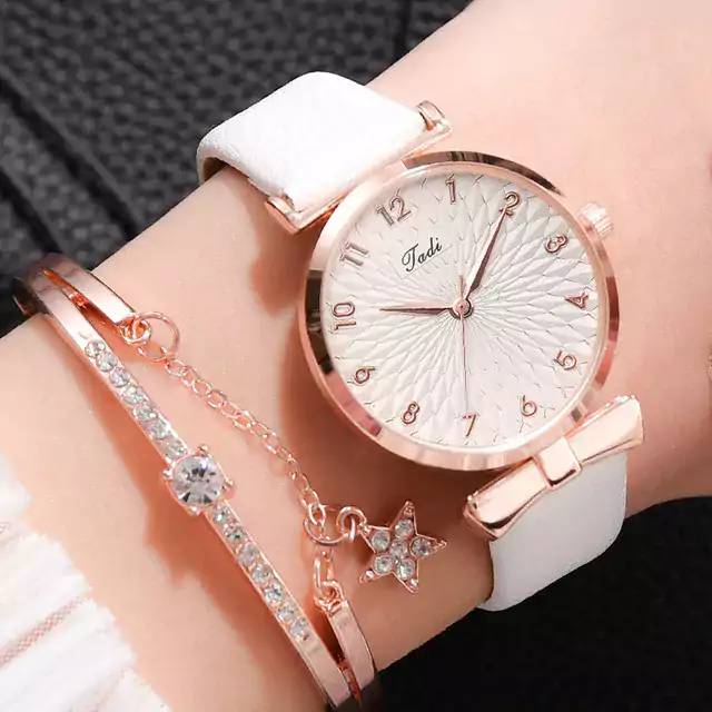 Módní dámské hodinky s náramkem - Kožená bílá sada
