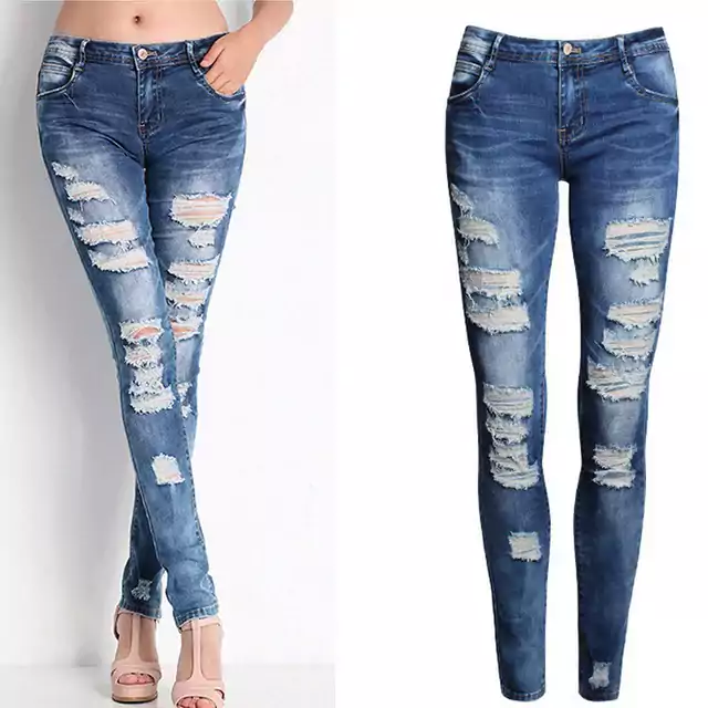 Roztrhané dámské džíny s vysokým pasem - Tmavě modrá, M