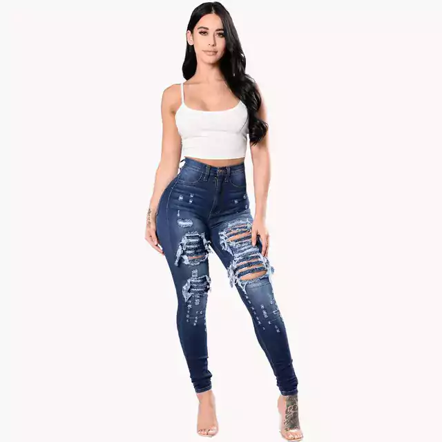 Roztrhané dámské džíny s vysokým pasem - Tmavě modrá 2, M