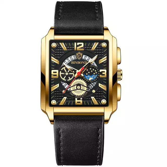 Exkluzivní pánské náramkové hodinky - Kůže zlato černá