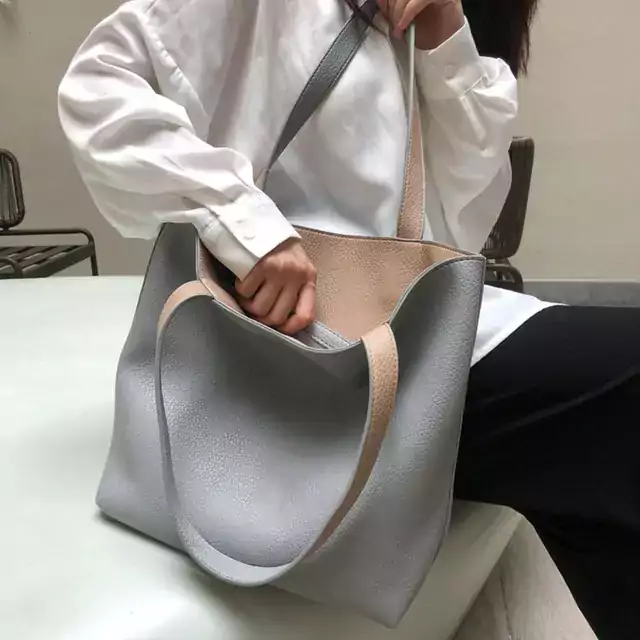 Velká elegantní koženková nákupní taška - šedá a meruňková
