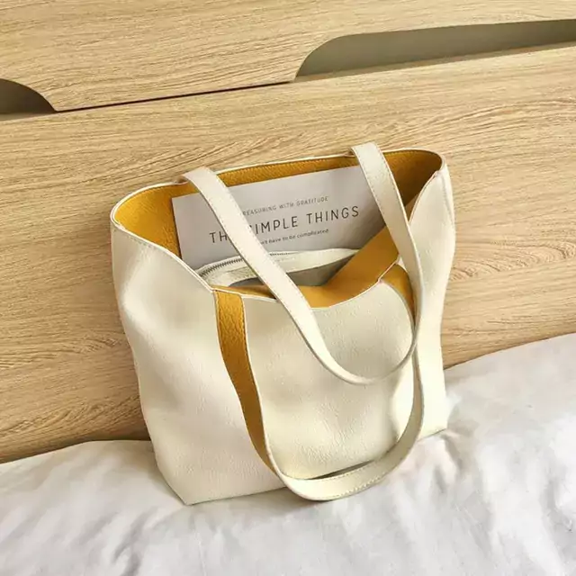 Velká elegantní koženková nákupní taška - bílá a žlutá