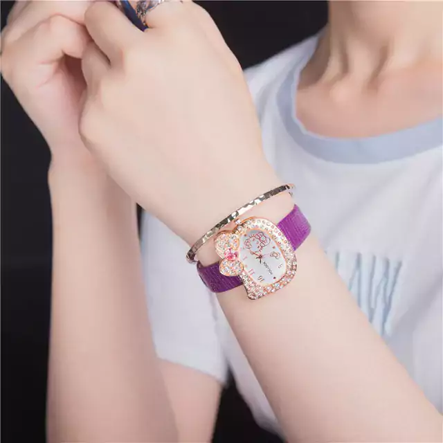 Roztomilé dívčí hodinky styl Hello Kitty - fialová pouze hodinky