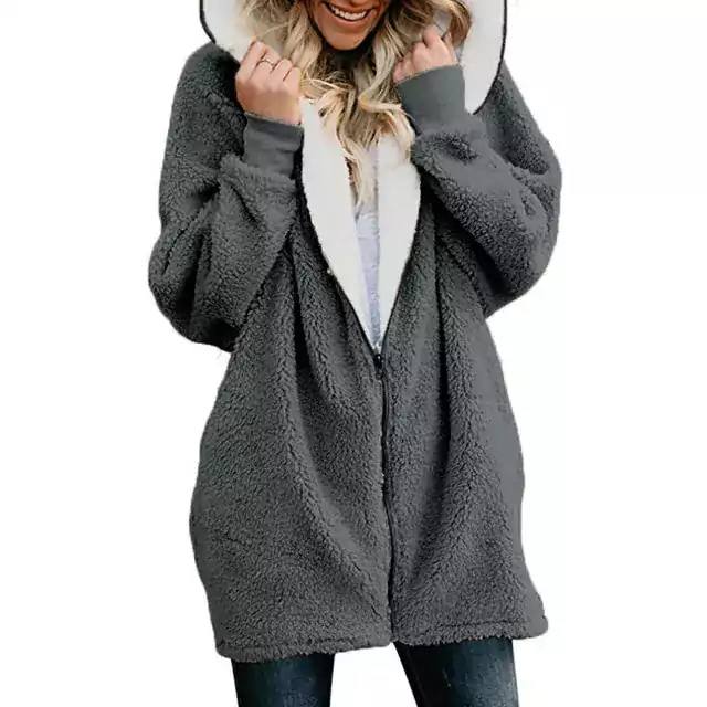 Dámský zimní kabát s chlupatou kapucí - Tmavošedý, XL