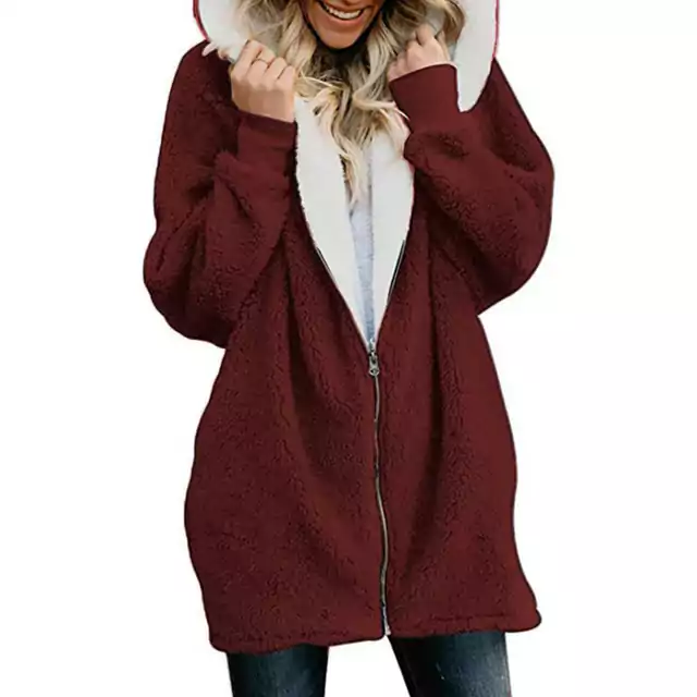Dámský zimní kabát s chlupatou kapucí - Bordó, XL