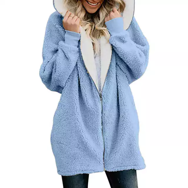 Dámský zimní kabát s chlupatou kapucí - modrý, S