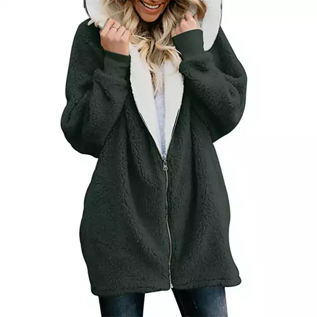 Dámský zimní kabát s chlupatou kapucí - Zelená, XL