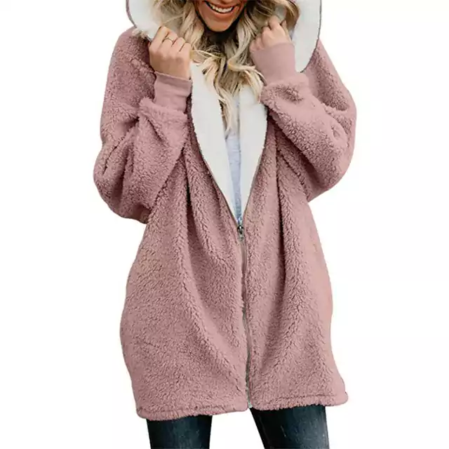 Dámský zimní kabát s chlupatou kapucí - růžový, S