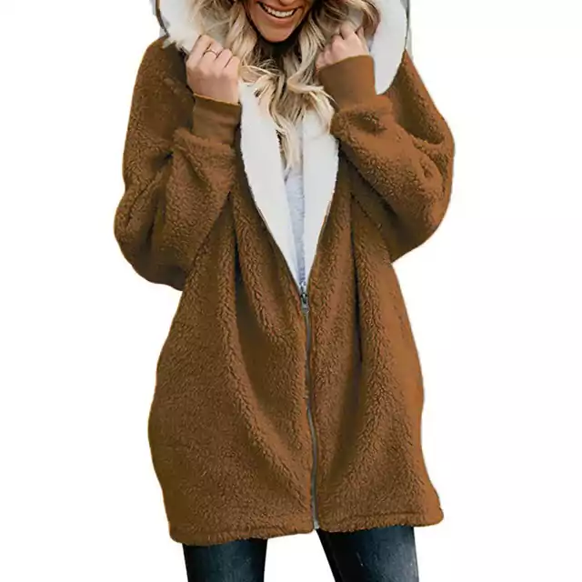 Dámský zimní kabát s chlupatou kapucí - velbloud, L