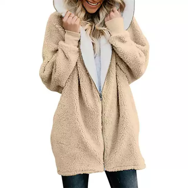 Dámský zimní kabát s chlupatou kapucí - Khaki, S