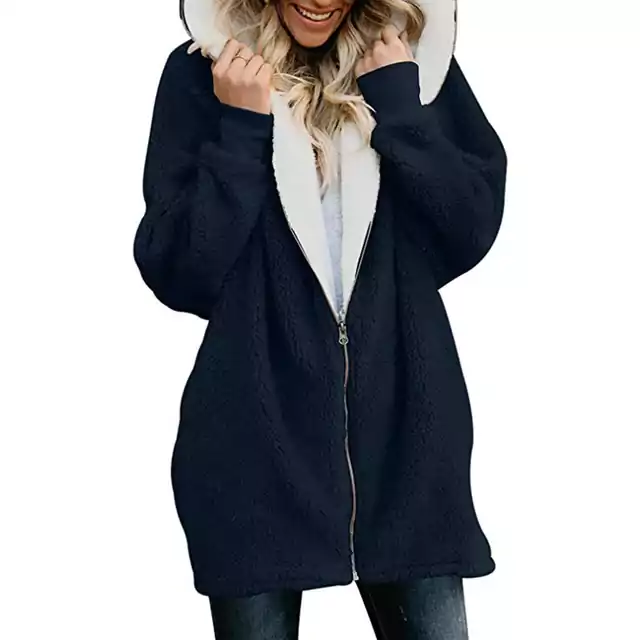 Dámský zimní kabát s chlupatou kapucí - Námořnická modrá, S