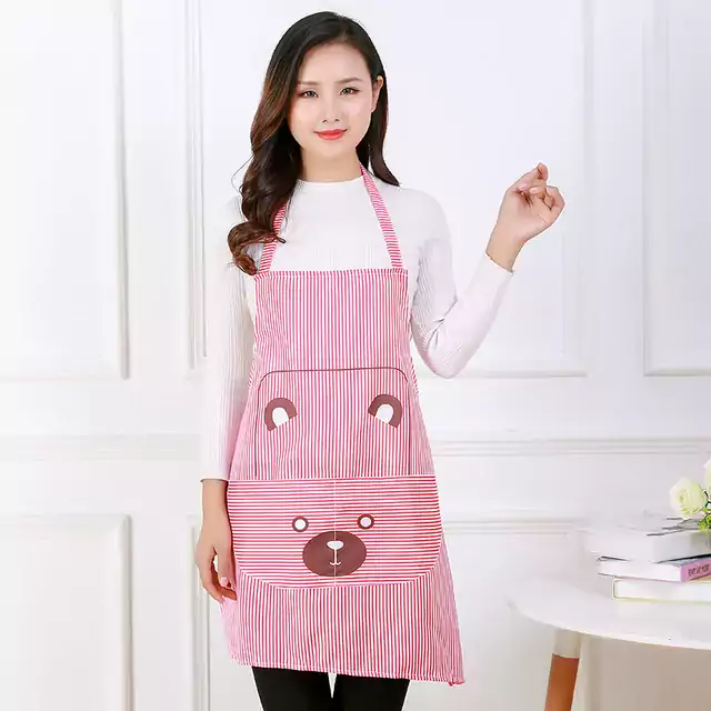 Pruhovaná zástěra na vaření | kuchyňská zástěra, styl medvídek - Růžová
